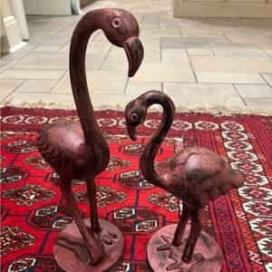 Set of 2 Flamingos Metal Garden Statuary. Indoor/outdoor Use. 15” and 12” tall.